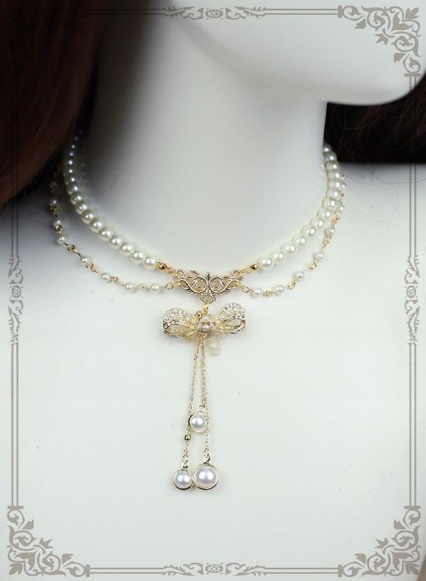 Classic Artificial Pearl Necklace, Butterfly Pendant - image 2
