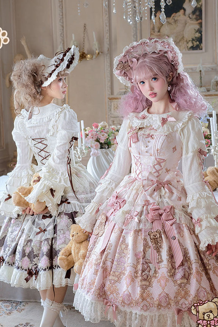 Antique Teddy Bear - Sleeveless Printed Bow Lace Sweet Elegant Lolita JSK Dress - image 6