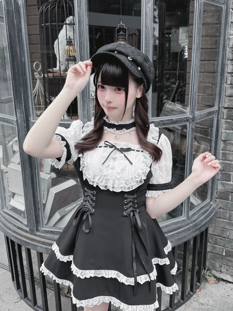 Shirohato Black and White Jirai Kei Dress Choker and Shorts Set - image 2
