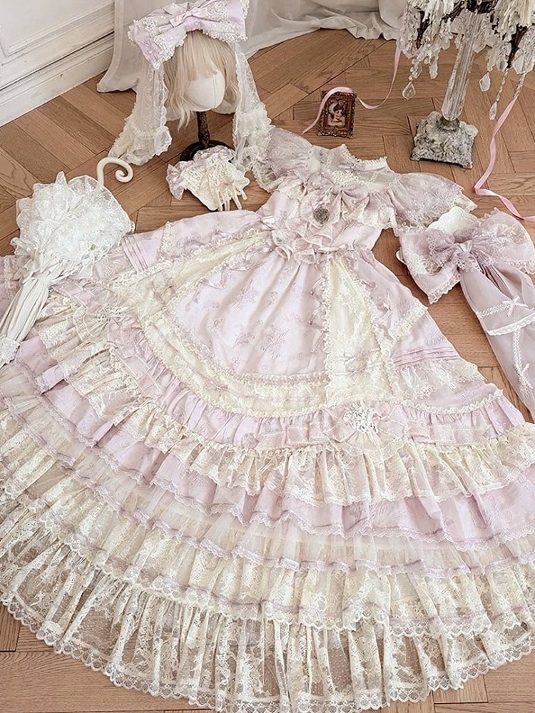 Refined Pink Lace-Trim Floral Embroidered Lolita Dress with Bow Train - Mademoiselle Pearl - image 4