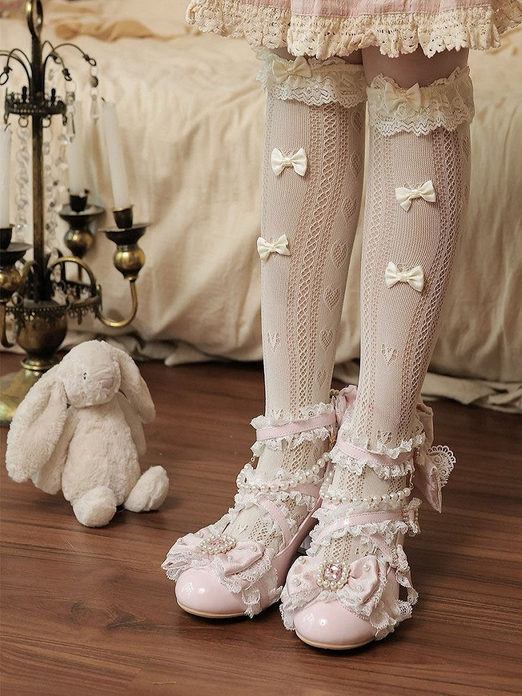 Pink Bowknot Crystal Round-Toe Lolita Shoes with Pearl Chain - image 4