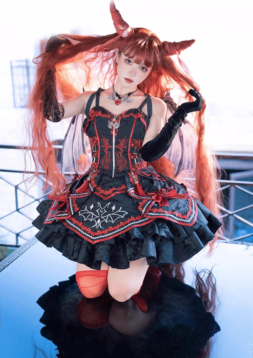 Dark Bat Motion - Gothic Lolita JSK Black Red Goth JSK Dress - image 7