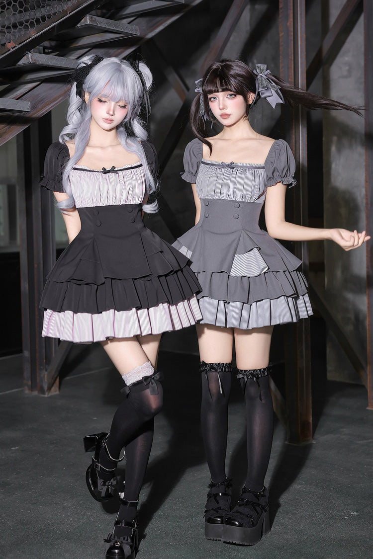 Square Collar Off Shoulder Short Sleeves Triple-Layered Bow Vintage Cool Lolita Dress - image 18