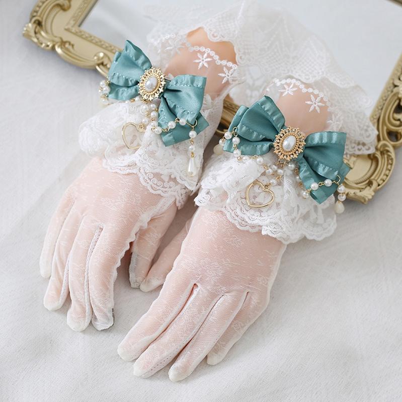 Vintage Lolita Lace Gloves with Bow and Bead Chain - image 13