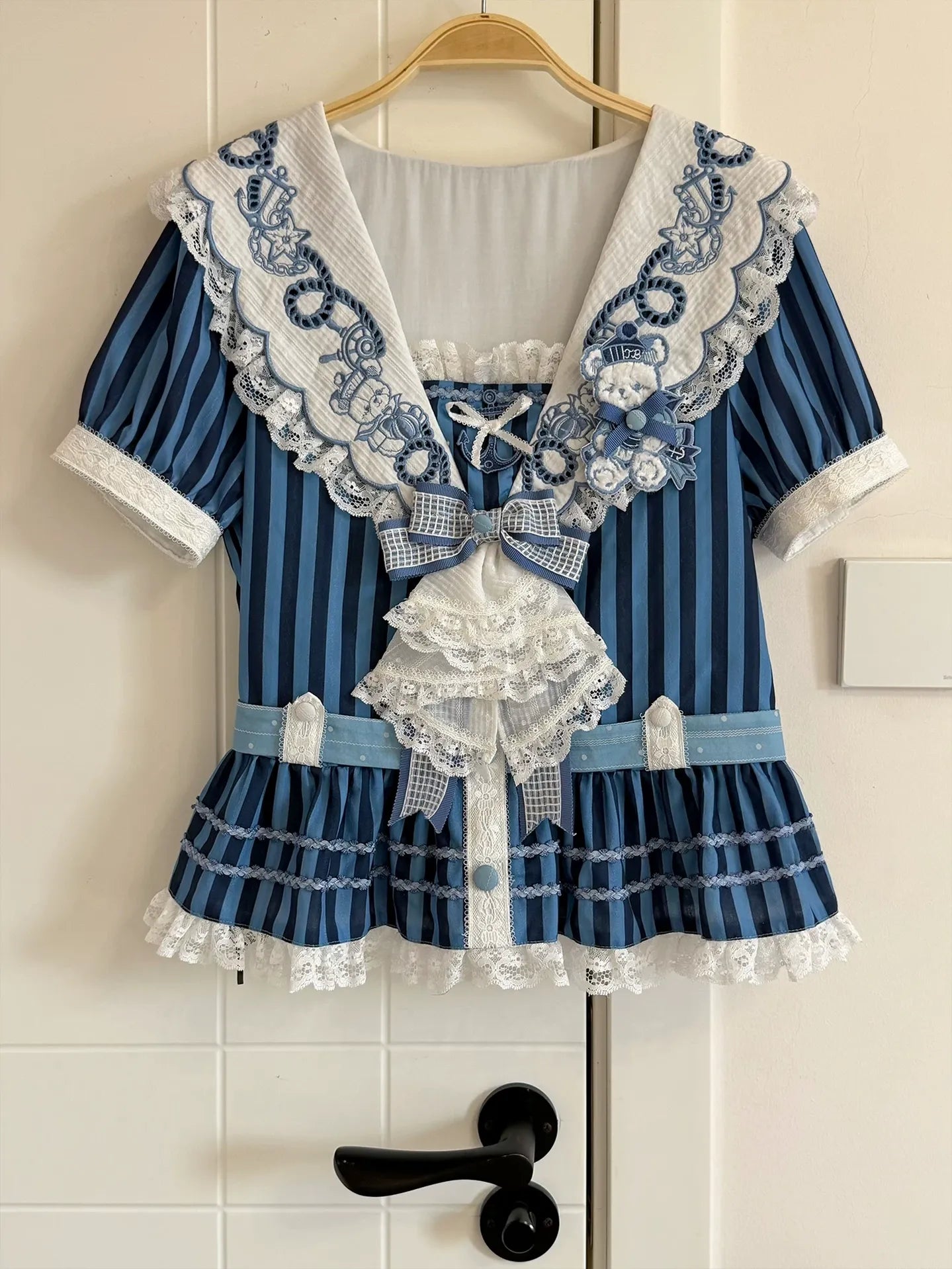 Antique Naval Bear - Striped Classic Lolita Sailor Collar OP, Bear Embroidery - image 8