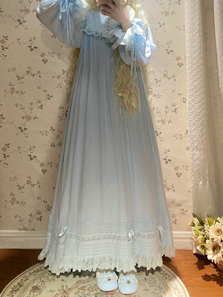 Blue Lace-Trim Long-Sleeve Lolita OP Dress with Ruffles - image 8