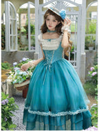 Teal Flutter-Sleeve Lolita JSK with Lace-Up Back and Tiered Skirt - image 2