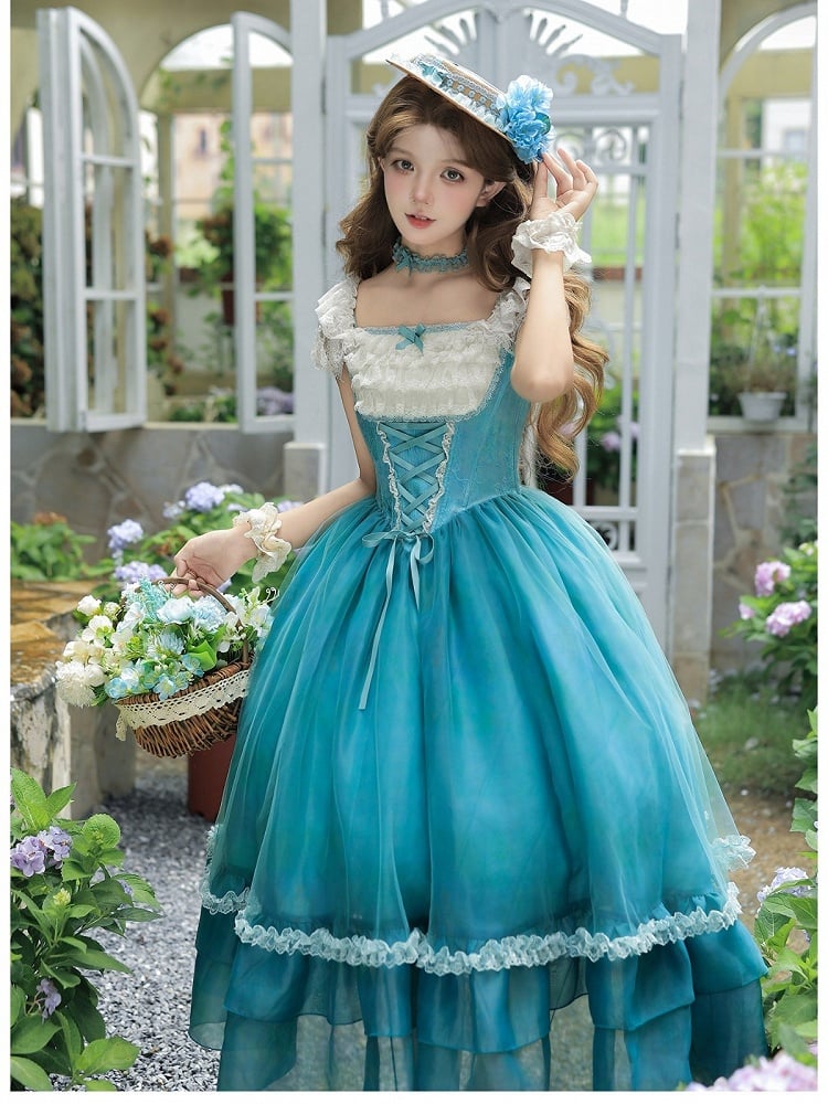 Teal Flutter-Sleeve Lolita JSK with Lace-Up Back and Tiered Skirt - image 2