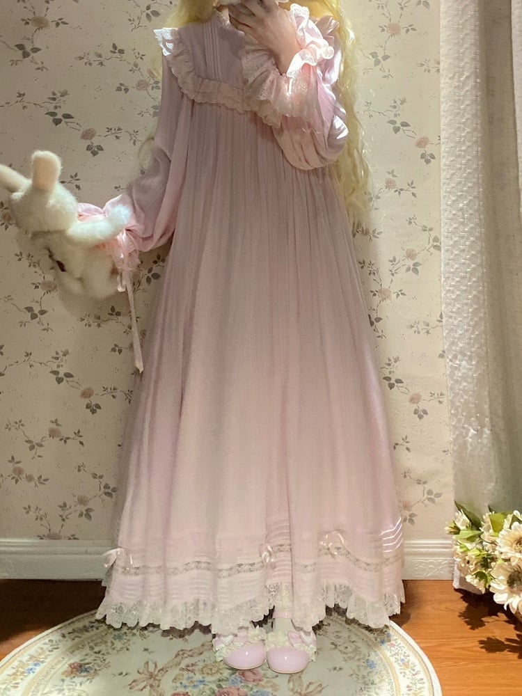 Pink Lace-Trim Long-Sleeve Lolita OP Dress with Ruffles - image 5