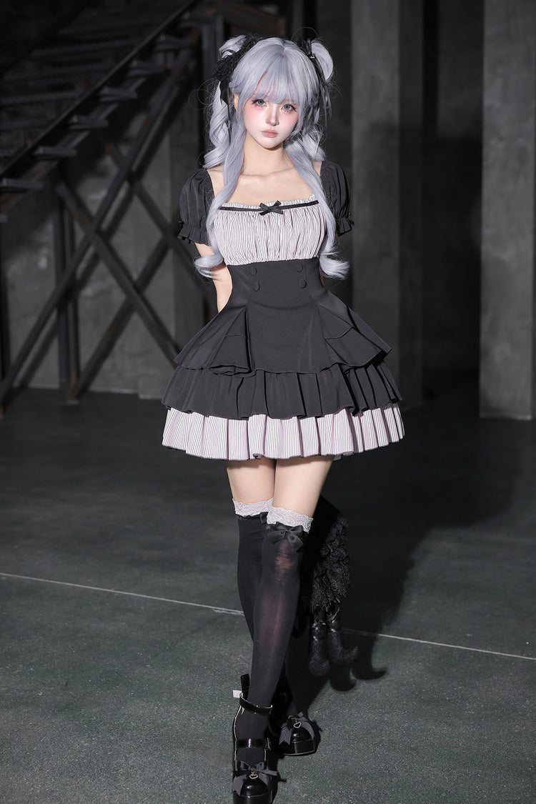 Square Collar Off Shoulder Short Sleeves Triple-Layered Bow Vintage Cool Lolita Dress - image 11