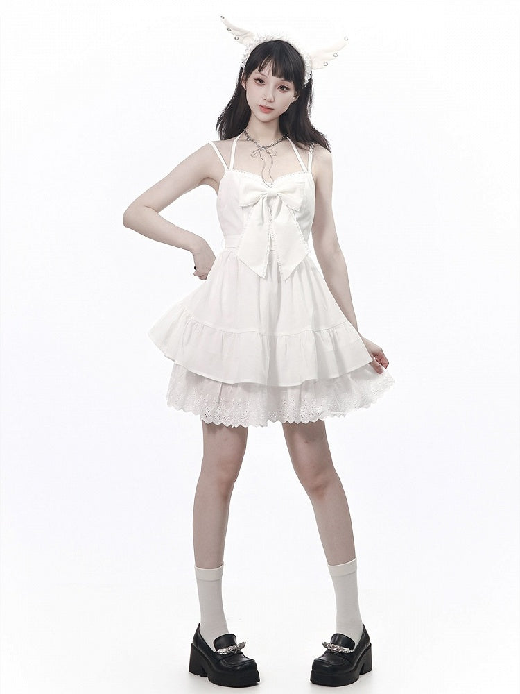 Ivory Halterneck Slip Dress with Lace Accents and Ribbon Knot - PINK SAVIOR - image 1
