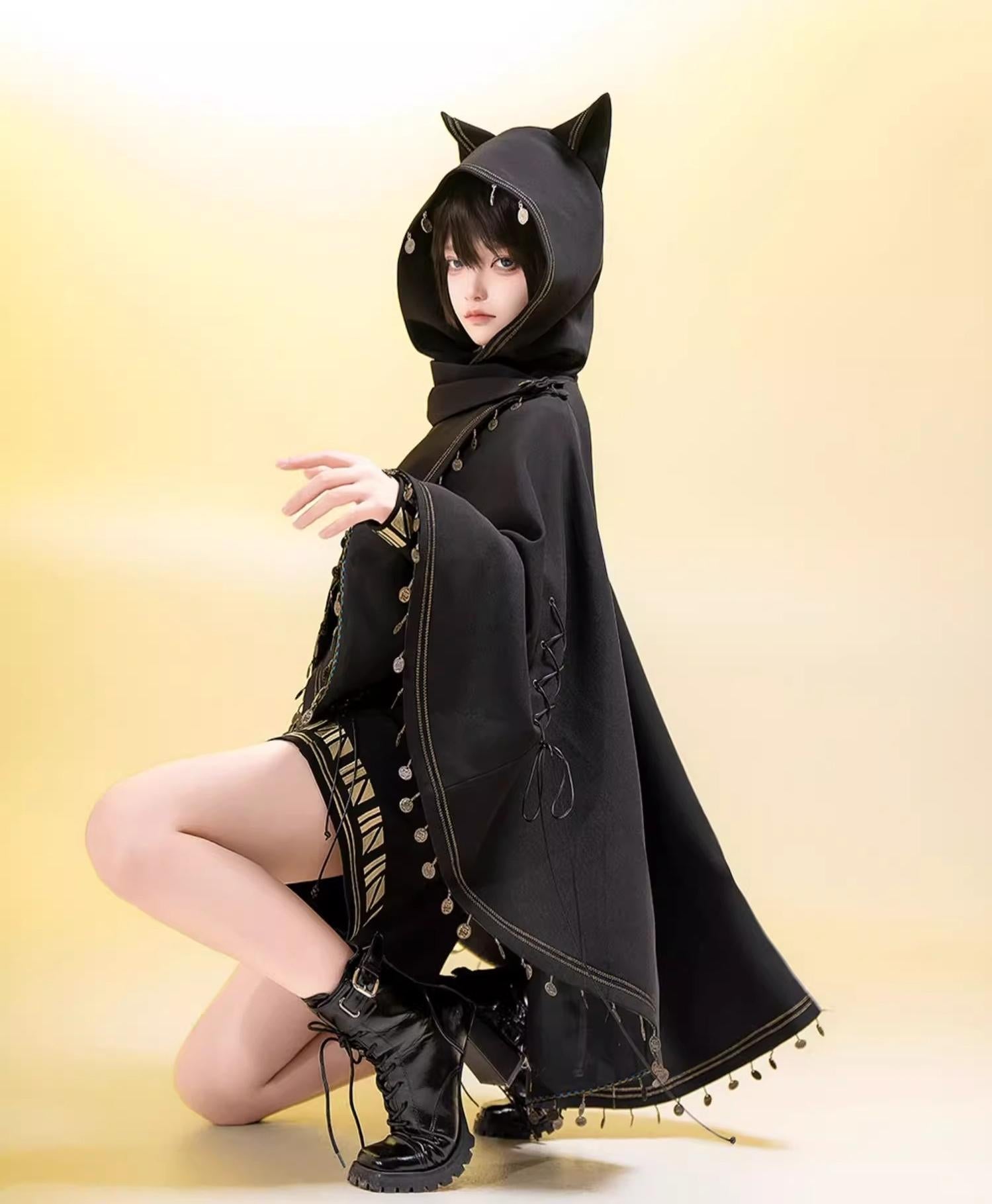 Black Cat - Black Ouji Lolita Cape with Cool Cat Ear Hood - image 7