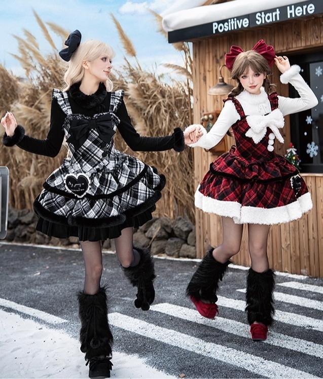Snow Night Serenade - Fluffy Plaid Kawaii Lolita JSK, Reversible Cape and Accessories - image 16