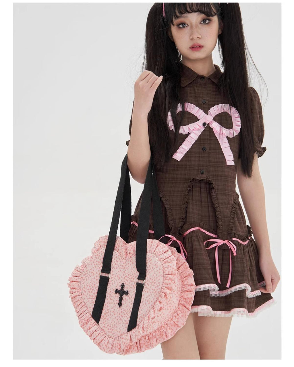 Vintage Lolita Heart Shaped Plaid Dot Print JK Uniform Bag - image 3