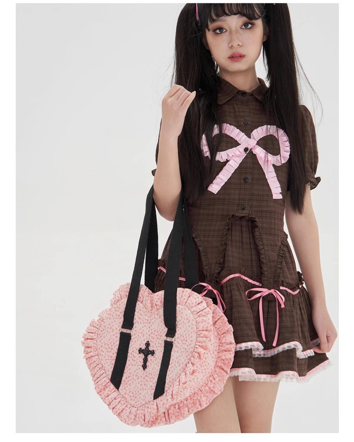 Vintage Lolita Heart Shaped Plaid Dot Print JK Uniform Bag - image 3
