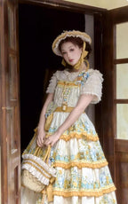 Flower Rabbit Bear - Country Lolita Tiered Skirt Dress, Floral & Bear Print and Accessories - image 14