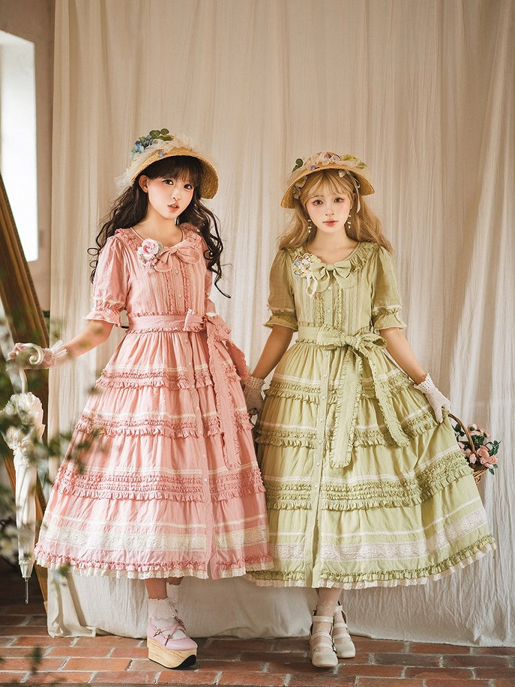 Green Layered-Ruffle Elegant Lolita Dress with Front Button Placket - image 12