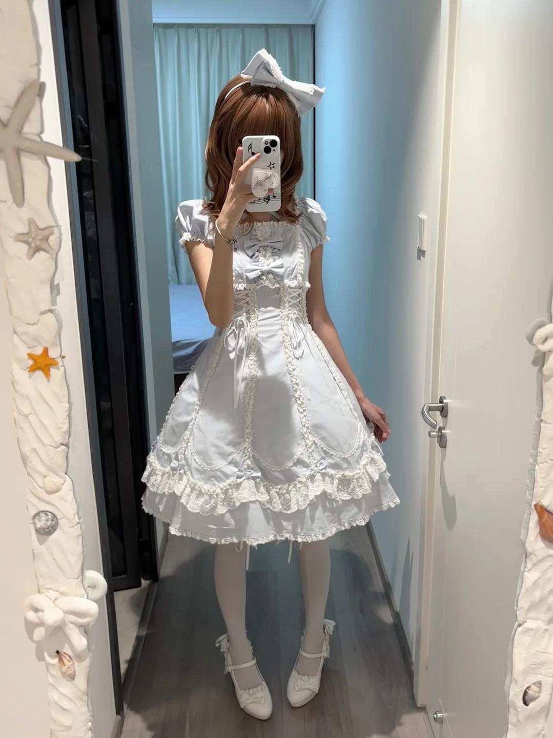 Cotton Old School Lolita Lace OP Dress, Three-tiered Back and Accessories - image 11