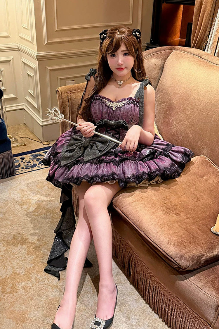 Galaxy of Fallen Tears - Sleeveless Glitter Series Triple-Layered Ruffled Bow Asymmetric Sweet Lolita JSK Dress - image 8