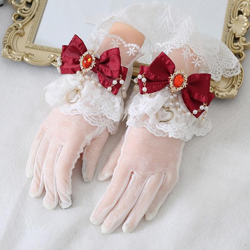 Vintage Lolita Lace Gloves with Bow and Bead Chain - image 1
