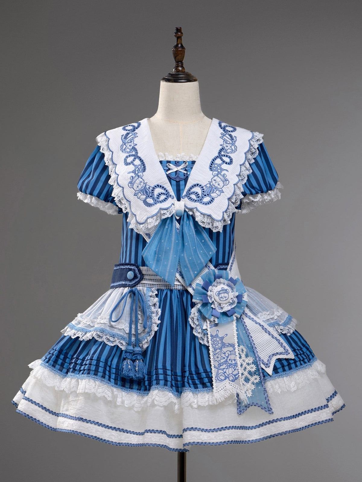 Antique Sailor Bear Blue Stripe Low Waist Lolita OP Dress - image 20