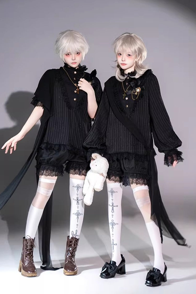 Black Gothic Ouji Lolita Top, Shorts and Scarf Set in 2 Sleeve Versions - image 2