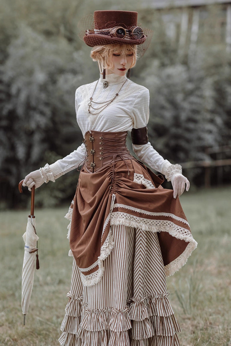 Victorian Stripes - Classic Lolita Tiered Skirt in White and Brown - image 2