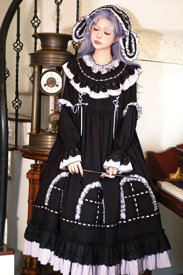 Twin Lilian - Round Collar Long Sleeves Double-Layered Ruffled Bow Lace-Up Gothic Lolita Dress - image 8