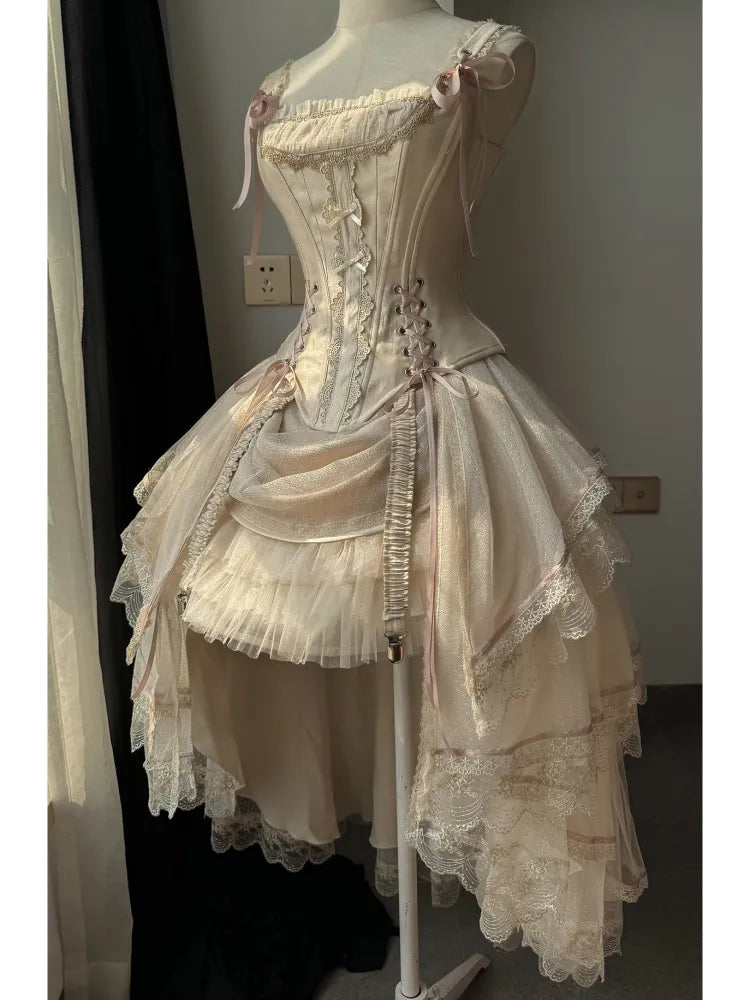 Champagne Lace-Up Corset Top and High-Low Lolita Skirt - image 7