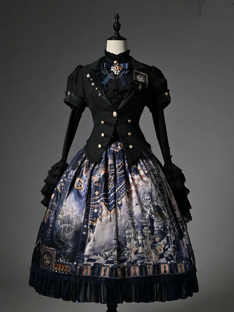 Dark Blue Chess-Print Corset-Waist Lolita Skirt - image 1