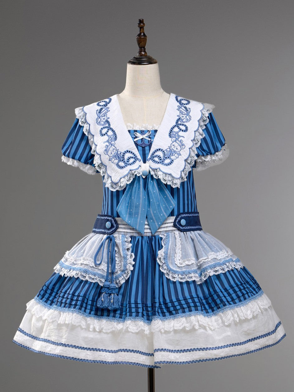 Antique Sailor Bear Blue Stripe Low Waist Lolita OP Dress - image 21