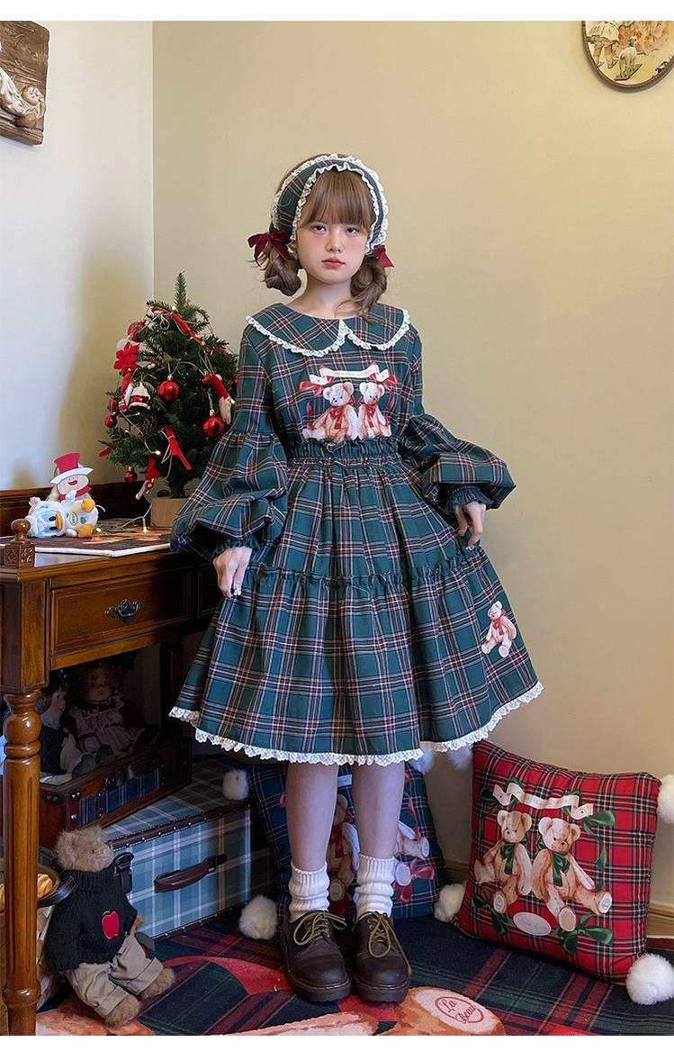 Christmas Vintage Lolita Skirts Doll Collar Blouse Plaid Skirt Set - image 20