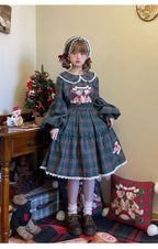 Christmas Vintage Lolita Skirts Doll Collar Blouse Plaid Skirt Set - image 20