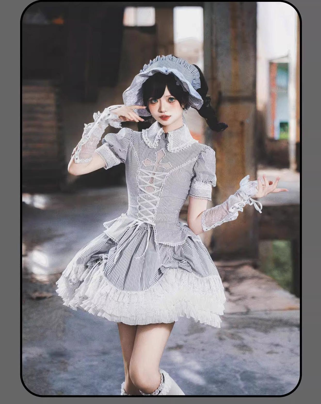 Striped Cross - Gothic Coordinated Lolita Set, Adjustable Blouse & Skirt - image 47