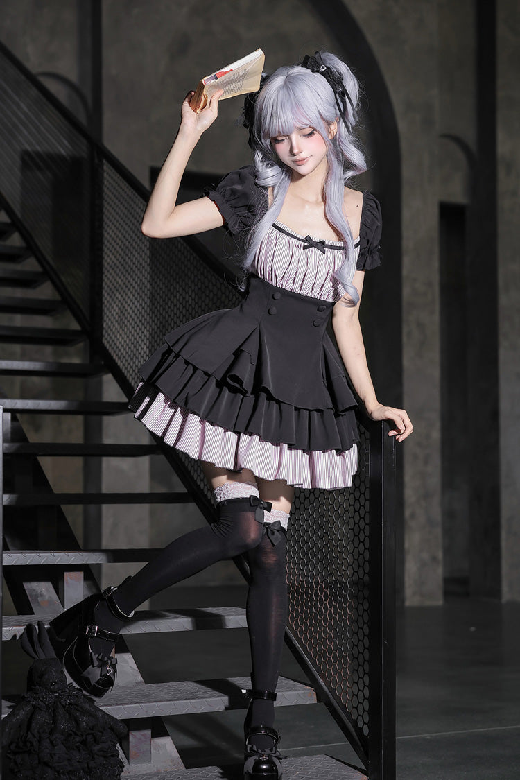 Square Collar Off Shoulder Short Sleeves Triple-Layered Bow Vintage Cool Lolita Dress - image 12