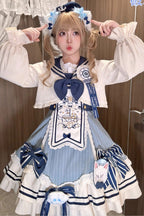 Ride the Wind and Waves - Double-Layered Printed Ruffled Bow Lace Sweet Lolita JSK Dress Set (Coat Included) - image 11