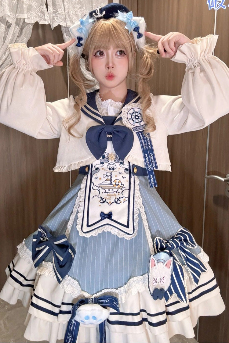 Ride the Wind and Waves - Double-Layered Printed Ruffled Bow Lace Sweet Lolita JSK Dress Set (Coat Included) - image 11