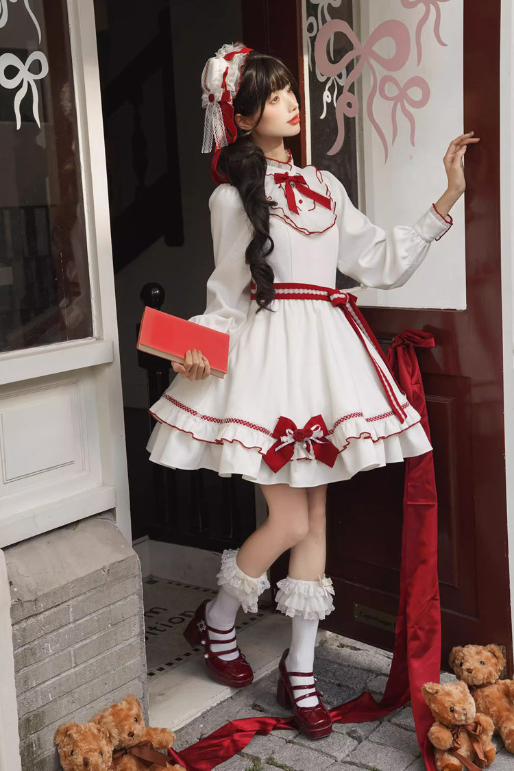 Red Vow - Sweet Lolita Long-Sleeve OP Dress in Red & White - image 4