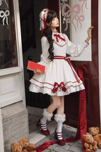 Red Vow - Sweet Lolita Long-Sleeve OP Dress in Red & White - image 4