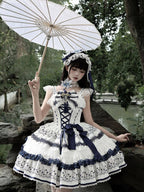 Blue and White Porcelain Corset Waist Lolita JSK Dress with Tassel Bows - image 10