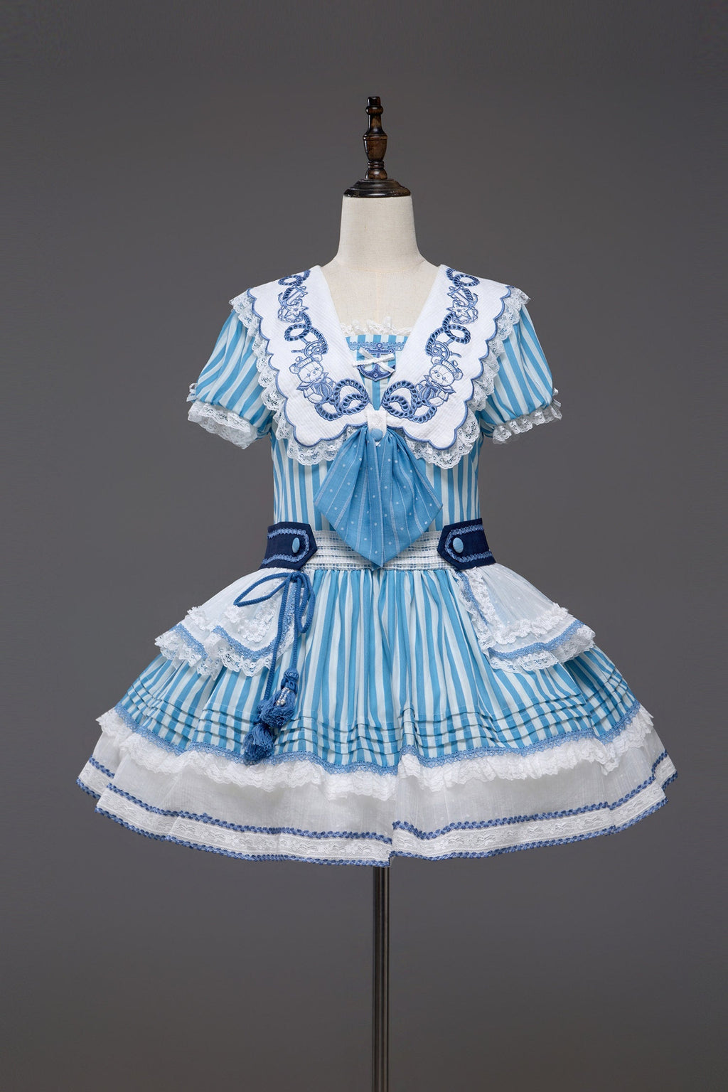 Antique Sailor Bear Blue Stripe Low Waist Lolita OP Dress - image 15