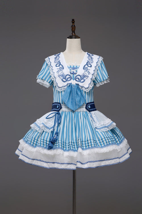 Antique Sailor Bear Blue Stripe Low Waist Lolita OP Dress - image 15