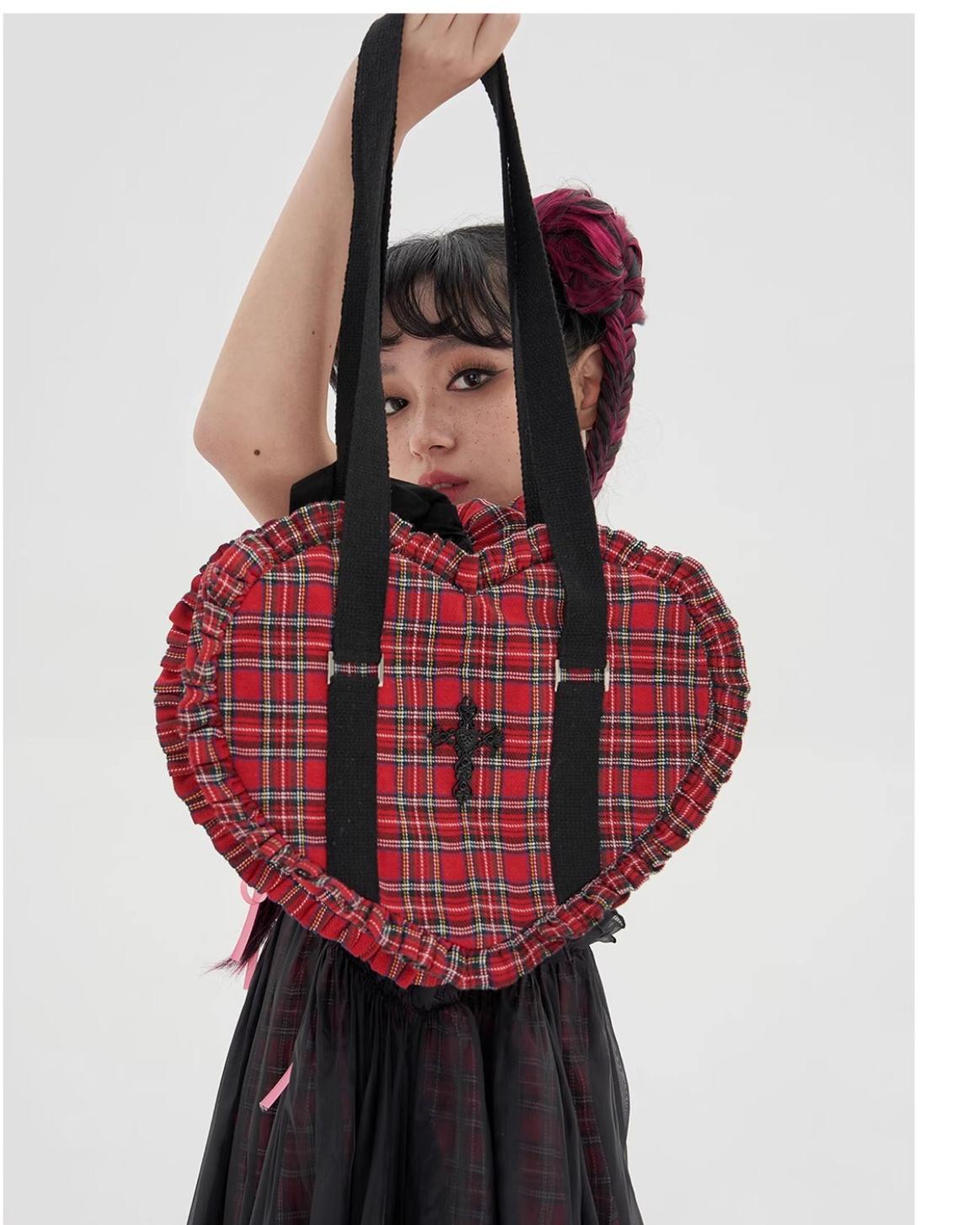 Vintage Lolita Heart Shaped Plaid Dot Print JK Uniform Bag - image 31