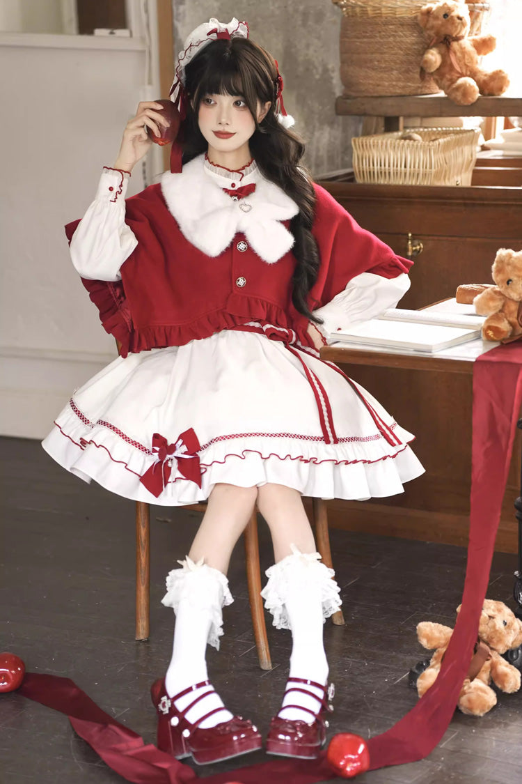Red Vow - Sweet Lolita Long-Sleeve OP Dress in Red & White - image 5