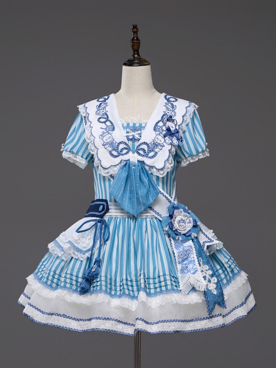 Antique Sailor Bear Blue Stripe Low Waist Lolita OP Dress - image 16