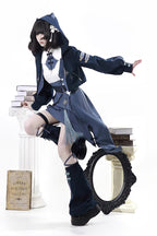 Indigo Shadow Journey - Stand Collar Long Sleeves Embroidered Hooded Asymmetric Punk Ouji Lolita Dress Four-Piece Set - image 6