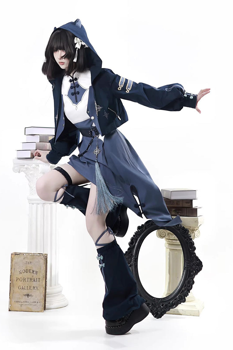 Indigo Shadow Journey - Stand Collar Long Sleeves Embroidered Hooded Asymmetric Punk Ouji Lolita Dress Four-Piece Set - image 6