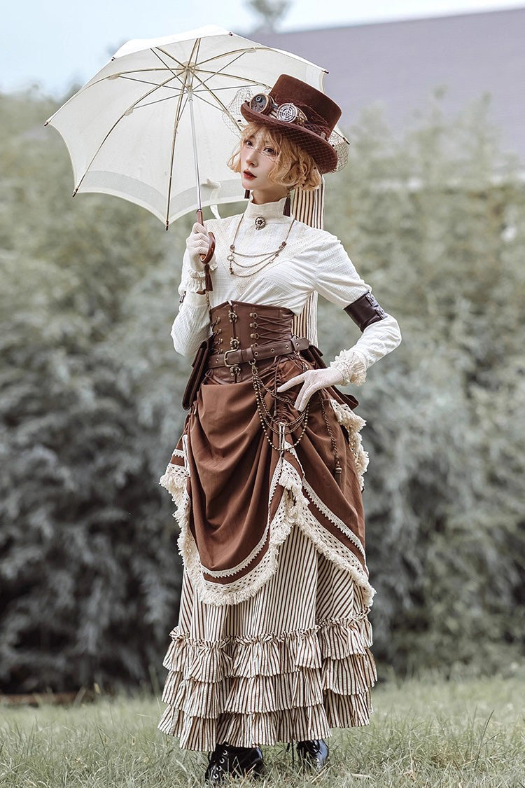 Victorian Stripes - Classic Lolita Tiered Skirt in White and Brown - image 1