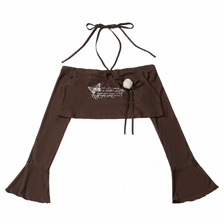 Brown Flare-Sleeve Cropped Top with Butterfly Print & Rose - PINK SAVIOR - image 1