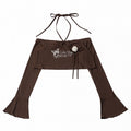 Brown Flare-Sleeve Cropped Top with Butterfly Print & Rose - PINK SAVIOR - image 1